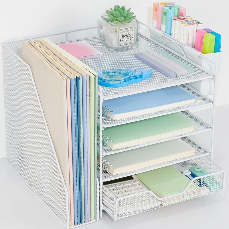 Gugsey Desk Organizer, 5-Tier Paper Letter Tray Organizer with File Holder, Drawer and Pen Holder, Desktop Organizer for Office Supplies, White - Image 1